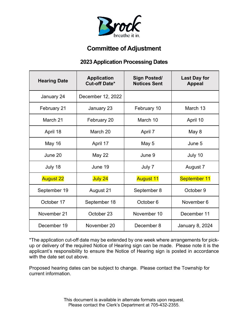 2023 Committee of Adjustment Minor variance Hearings Schedule with Application, Signage, and Appeal Deadlines