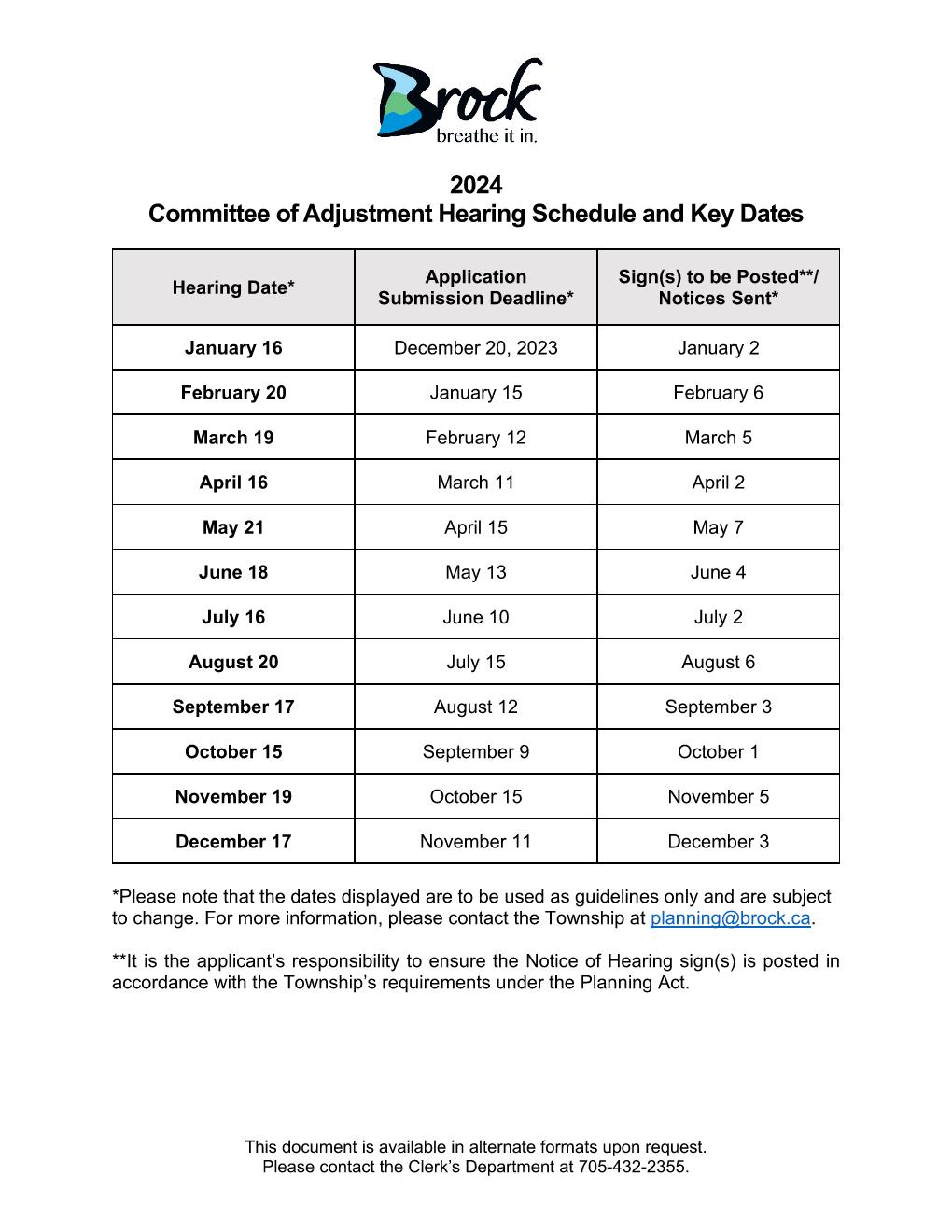 2023 Committee of Adjustment Minor variance Hearings Schedule with Application, Signage, and Appeal Deadlines