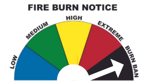 Semi circle with green blue yellow red and black, arrow pointing at black indicating burn ban