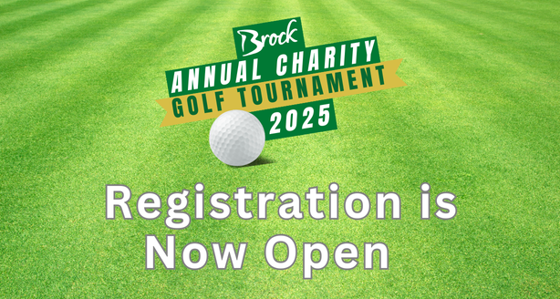 green grass text reads brock annual golf tournament registration is now open 