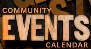 Brown wood carved letters that read community events calendar