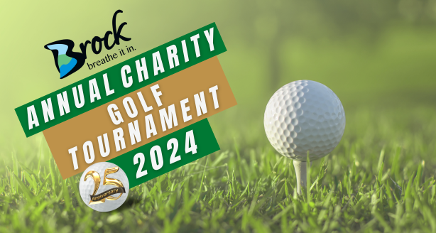 golf ball on a tee with green grass txt reads Brock annual golf tournament 2024