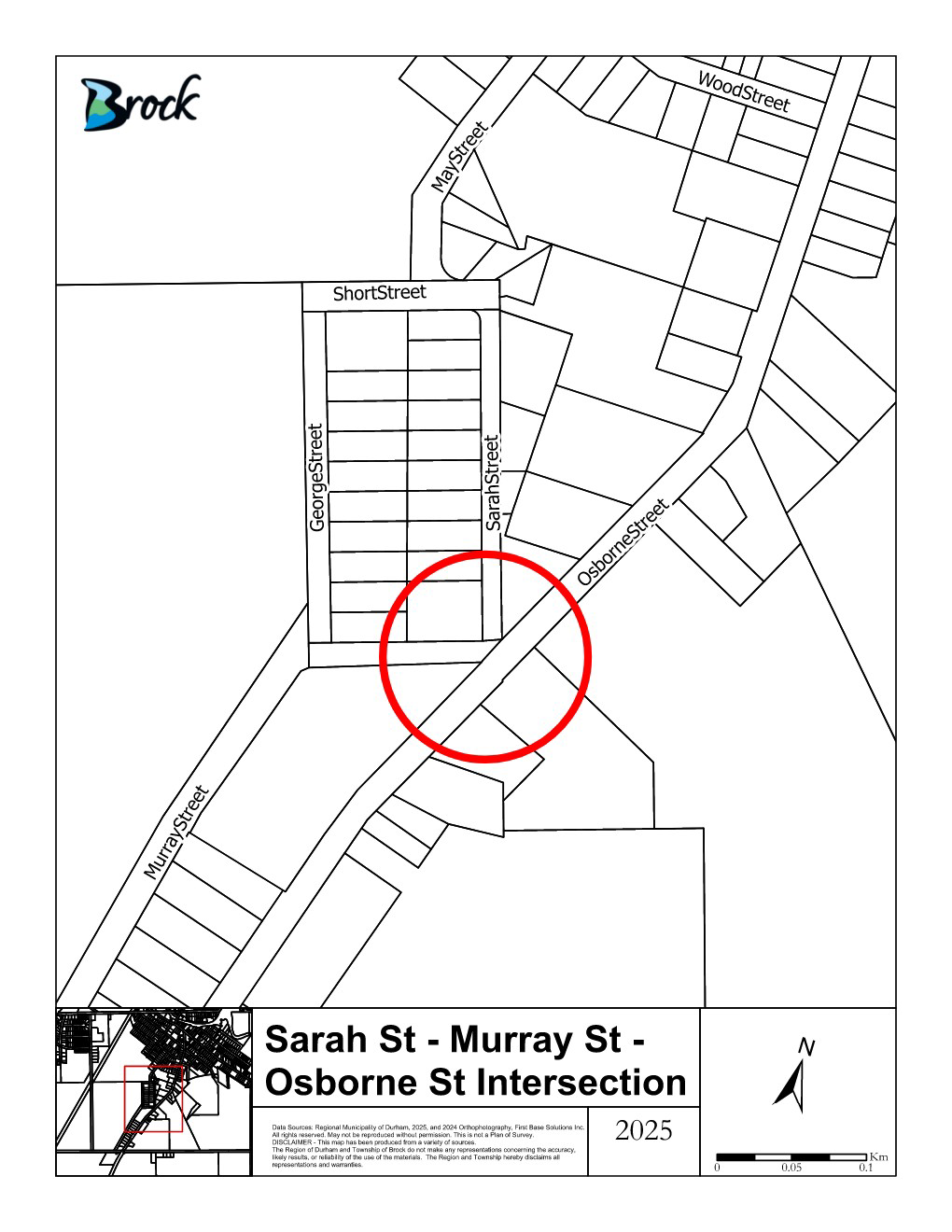 Black and white map showing the area around the Sarah Street - Murray Street - Osborne Street intersection. The intersection has been circled in red.