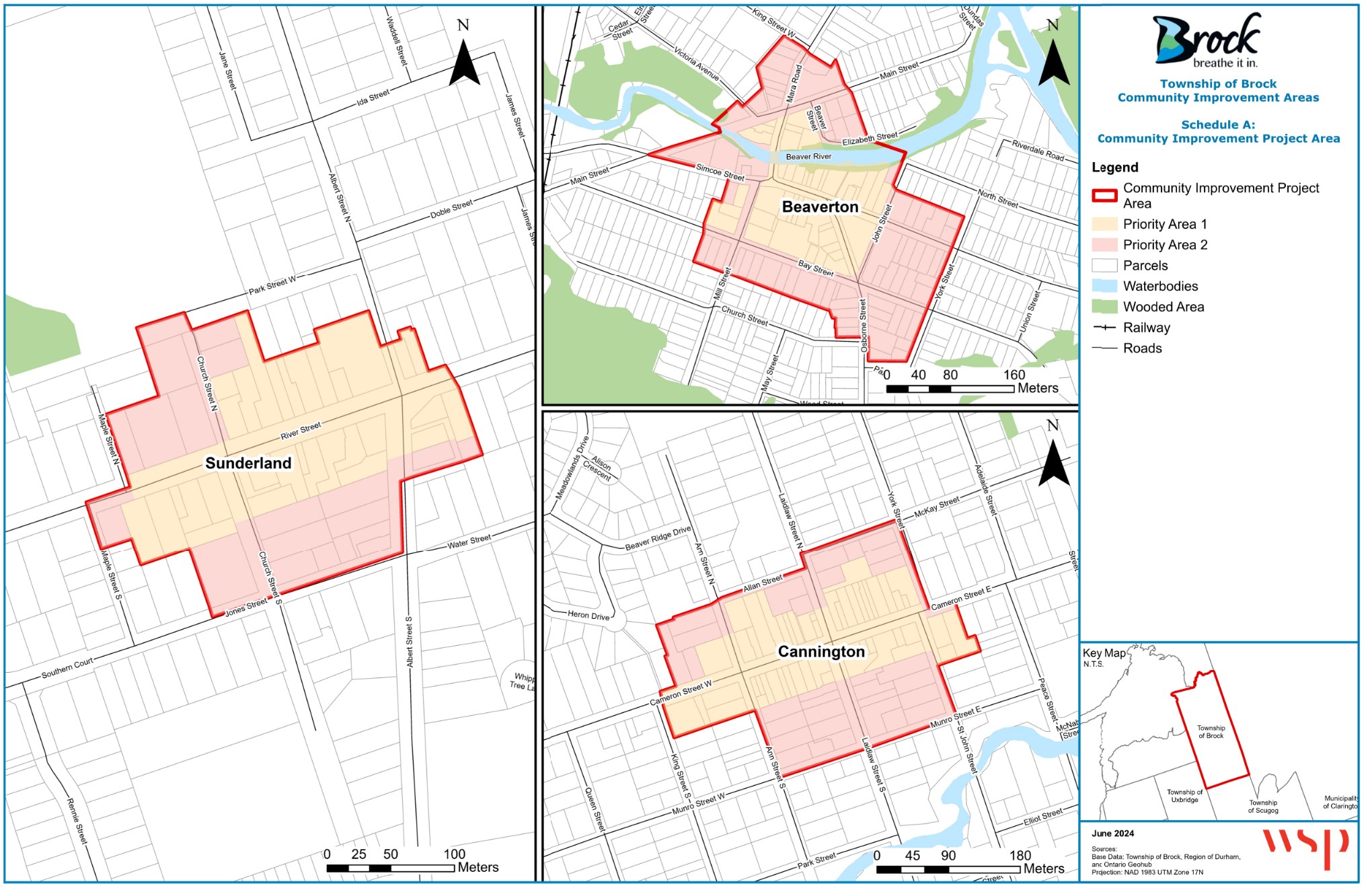 Community Improvement Project Area map, showing Priority Area 1 and priority Area 2 with Sunderland, Beaverton, and Cannington downtown areas.