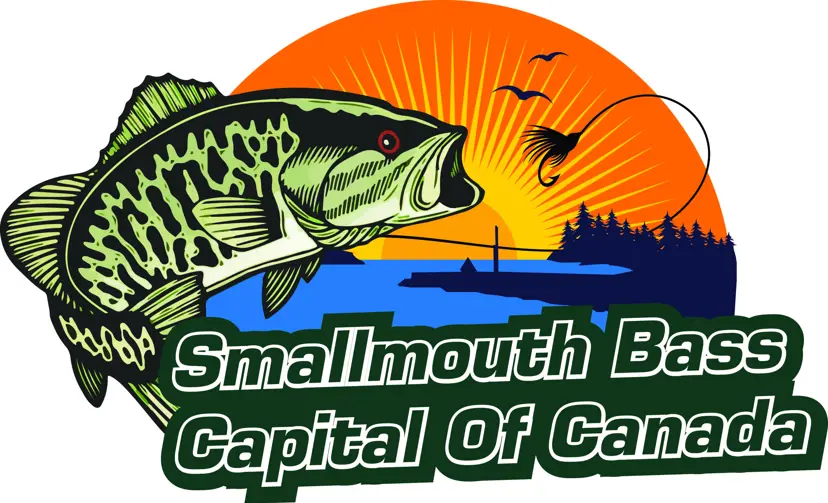 smallmouth bass mouth open to catch a fishing lewer. txt reads Smallmouth Bass Fishing Capital of Canada